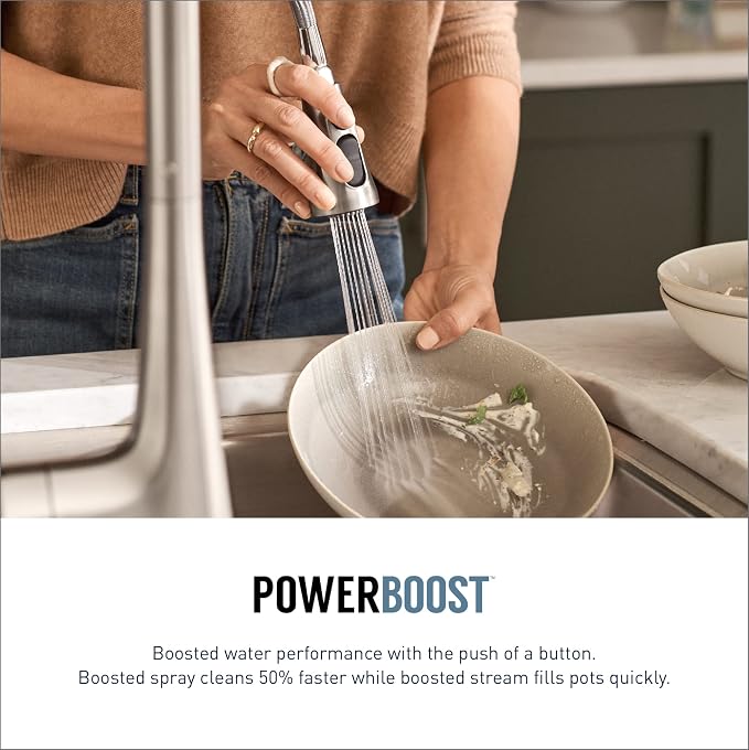 Moen Adler Spot Resist Stainless One-Handle High Arc Kitchen Sink Faucet with Power Clean Pull Down Sprayer, 87233SRS + Deck Mounted Kitchen Lotion or Soap Dispenser with Refillable Bottle, 3942SRS