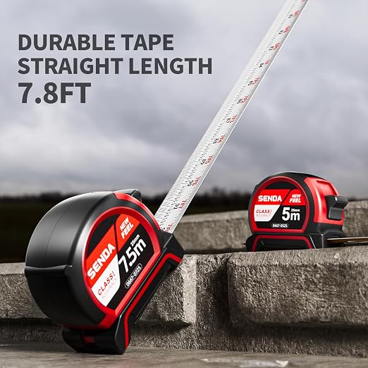 SENDA Tape Measure 25FT with 1/8 Fraction, Double-Hook Measuring Tape Retractable with 1 Inch Wide Blade & Belt Clip, ABS TPR Rubber Protection,Matte Nylon-Coated Blade for DIY, Construction (1 Pack)