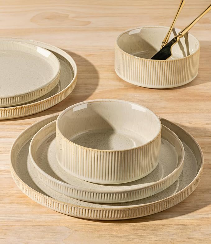TheTerra Ceramic Dinnerware Sets for 8, 24 Pieces Porcelain Lightweight Speckled Plates and Bowls Sets, Scratch Resistant Dish Set, Oven & Microwave & Dishwasher Safe, Cappuccino
