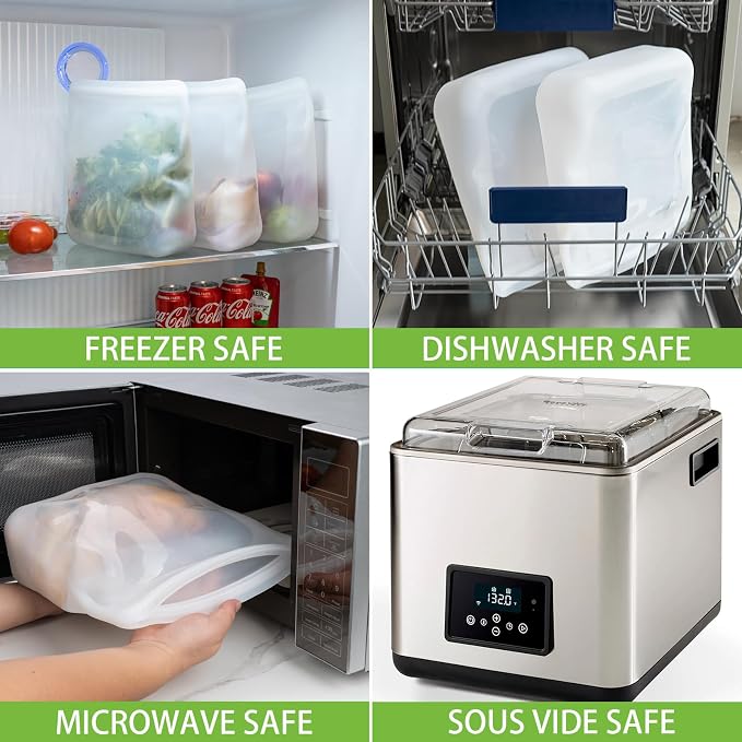 100% Silicone Gallon Storage Bags, Extra Large Reusable 1 Gallon Silicone Storage Bags Stand-Up Zip-Lock Leakproof for Bulk Food & Large Portions, Freezer Microwave Sous Vide Dishwasher Safe, 2 Pack