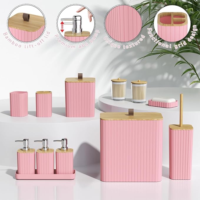 Bathroom Accessory Set - Pink Bathroom Set, 12PC Bathroom Accessories Set, Pink Bathroom Accessories Set, Mini Trash Can, Toilet Brush, Trash Can & Soap Dispenser