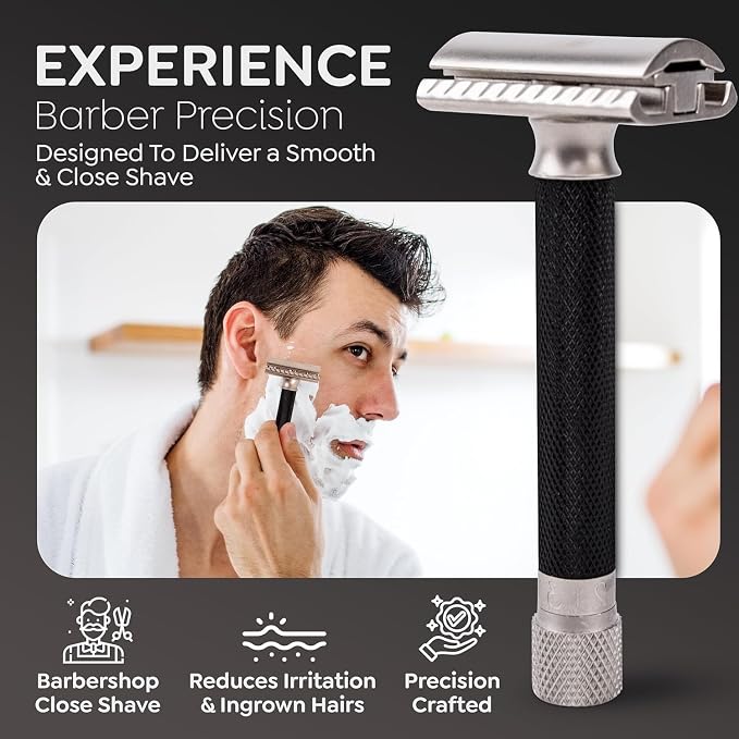 Parker THE VARIANT CLOSED COMB - ADJUSTABLE Double Edge Safety Razor, Customize your Shave with a Turn of the Dial from Mild to Aggressive - 5 Blades Included (GRAPHITE GRAY)