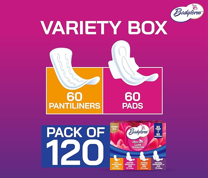 Bodyform Luxe Feminine Pads and Pantyliners Combo – 120 Count (60 Pads + 60 Liners), Ultra-Soft, Super Absorbent, Leak Protection, Daily Comfort & Freshness (Pack of 2)