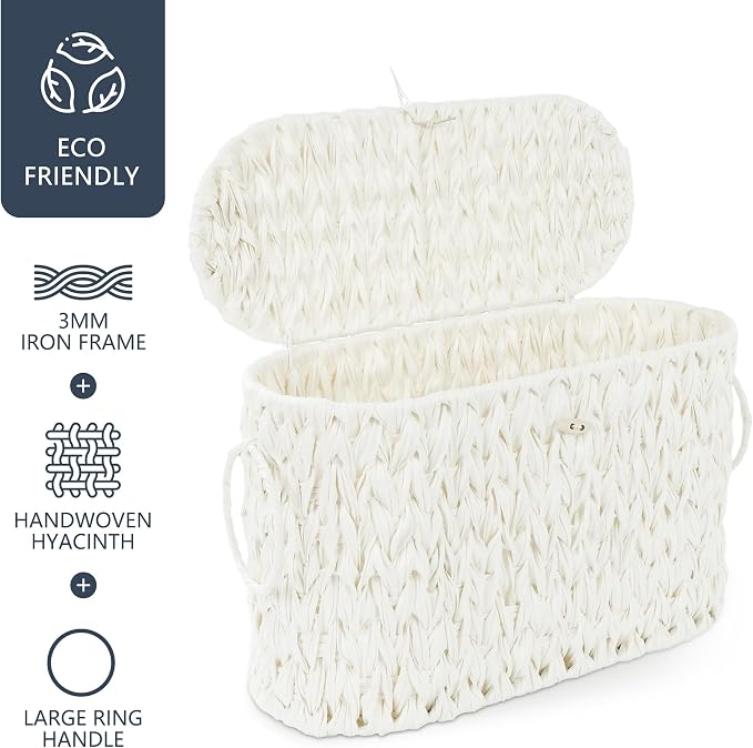 Coeusy Toilet Paper Basket,Wicker Toilet Paper Storage with Lid,Decorative Boho Wicker Basket for Bathroom,Free Standing-Cream White