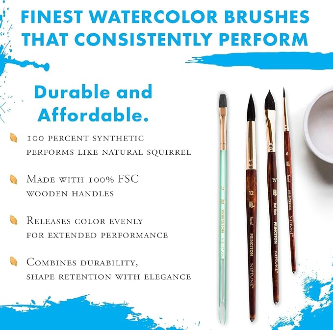 Princeton Neptune Watercolor Paint Brush Set, 4-Piece Professional Synthetic Brushes with Short Handles, Ultra-Soft & High-Absorbency Bristles for Watercolor & Fluid Media Painting