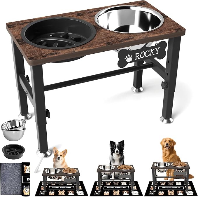 SHAINFUN Elevated Dog Bowls with Slow Feeder & Mat for Medium and Large Dogs, 12" Tall Adjustable Wooden & Metal Raised Dog Bowl Stand, 2 Stainless Steel 58oz Bowls for Food & Water