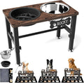 SHAINFUN Elevated Dog Bowls with Slow Feeder & Mat for Medium and Large Dogs, 12" Tall Adjustable Wooden & Metal Raised Dog Bowl Stand, 2 Stainless Steel 58oz Bowls for Food & Water