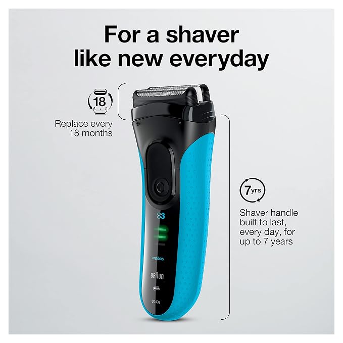 Braun Electric Series 3 Razor with Precision Trimmer, Rechargeable, Wet & Dry Foil Shaver for Men, Blue/Black, 4 Piece | Precision Trimmer, Rechargeable, Wet & Dry, Foil Shaver, 4 Piece