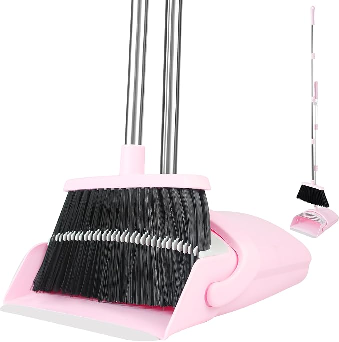 BSKLIN Broom and Dustpan Set for Home, 52" Long Handle Standing Broom Set with Dustpan Self-Cleaning Teeth for Hair Removal Heavy Duty Indoor Outdoor Sweeping Kit for Kitchen Garage (Pink)