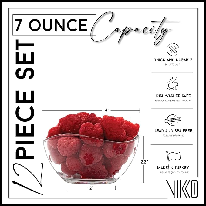 Vikko Dessert Bowls - Set of 12 Small Glass Ice Cream Bowls, 7 Ounce, Microwave and Dishwasher Safe