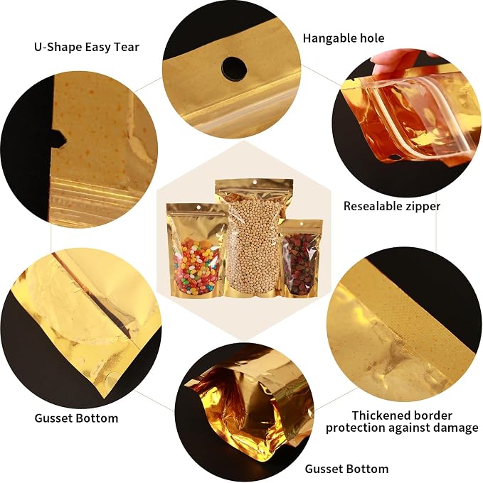 100 Pcs Mylar Bags for Food Storage, 7x10 Mylar Bag with Window Stand Up, 1 Quart Resealable Bags Smell Proof Bag Food Packaging for Small Business Freeze Dried Candy Jewelry Foil Packaging