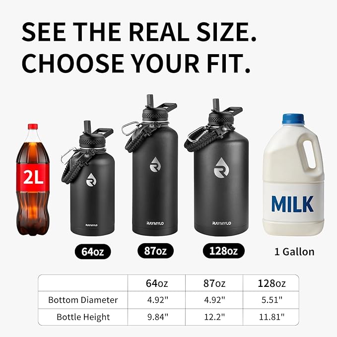 RAYMYLO Insulated Water Bottle 64 oz, Triple Wall Vacuum Stainless Steel (Cold for 48 Hrs), Leak Proof & Non-BPA, Half Gallon Water Flask Jug with Paracord Handle & Straw Spout Lids, Lilac