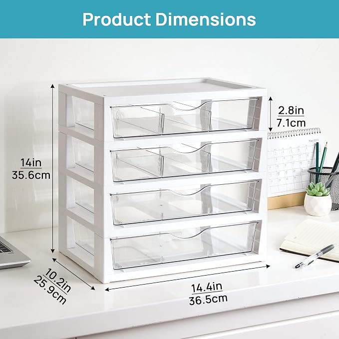 Vtopmart Clear Plastic Desk Organizer, 4-Tier Assemble Desktop File Organizer with Drawers, Office Desk Organization for Office Supplies