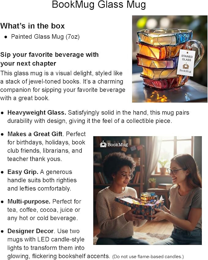 Book Mug Chapter Glass 3D Book Mugs Stained Glass Cup Gift for Women 7oz | Artistic Reading Coffee Cup with Stack Design, Unique Literary Birthday & Friendship Gifts for Women, Friends, Readers
