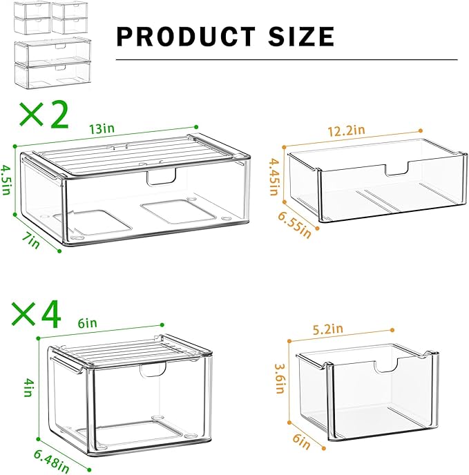 caktraie Acrylic Stackable Storage Drawers Set of 6, Clear Plastic Storage Drawer Organzier, Storage Organizer, Makeup Organizer,Ideal for Vanity, Bathroom,Cabinet,Pantry Organization