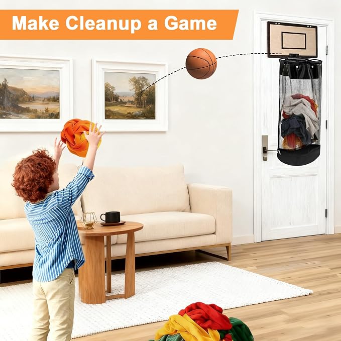 Over the Door Basketball Laundry Basket, 2-in-1 Wooden Basketball Hoop Laundry Hamper, Space Saving Hanging Organizer for Kids, Dirty Clothes Storage with Zipper for Kids Room, Dorm, Bedroom, Bathroom