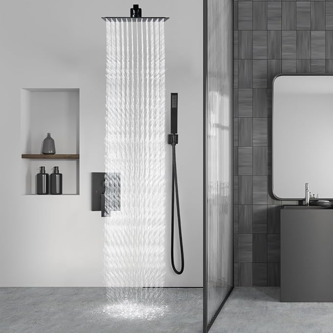 Aolemi Shower Faucet Set Rain Shower System with Handheld Spray Bathroom Shower Combo Rough-in Valve and Shower Trim Kit Included Matte Black 10 Inch Wall Mount Shower Head
