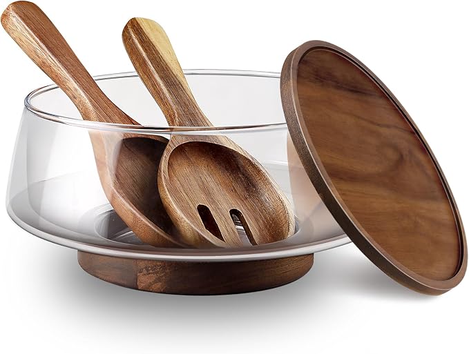 Large Glass Salad Bowls with Lid Set | Decorative Glass Mixing Bowl with Acacia Wood Serving Utensil | Elegant Kitchen Serving Bowls | Essentials Party