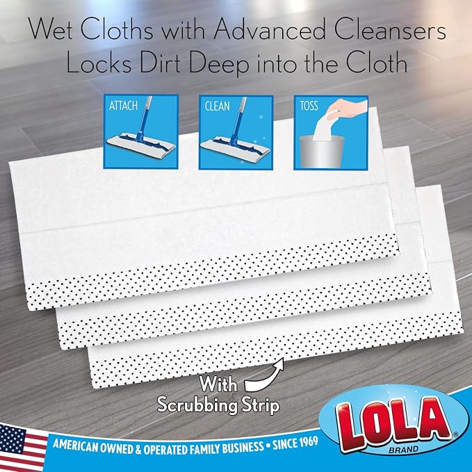LOLA Wet & Dry Floor Mop Starter Kit Includes 1 Mop, 7 Dry Cloths, 3 Wet Cloths, Snap-in Handle Assembles to 48" Major Brand Comparable