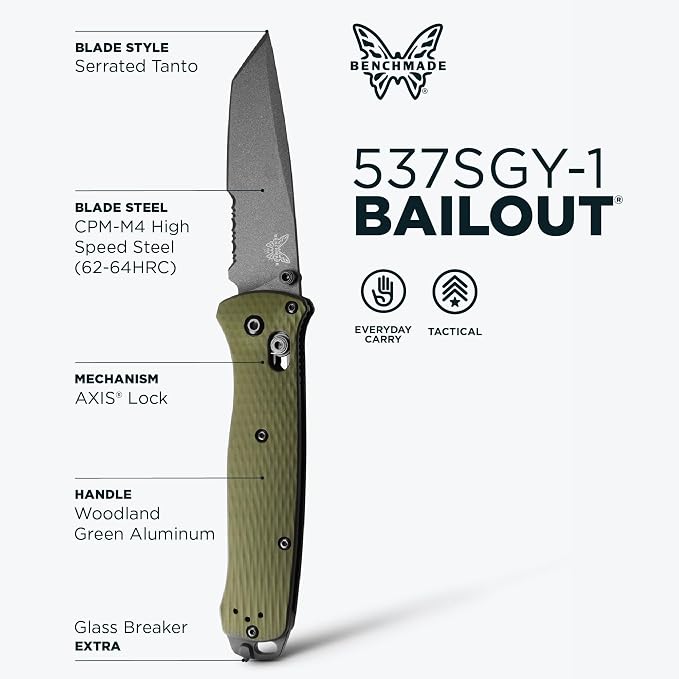 Benchmade Bailout Tactical Knife, M4 Steel Blade (537SGY-1) | Woodland Green Aluminum handle, Tanto blade
