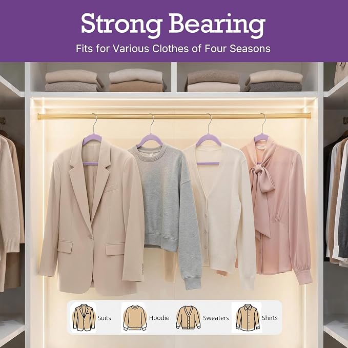 HOUSE DAY Lt-Purple Velvet Hangers 60 Pack, Non Slip Clothes Felt Hanger Heavy Duty for Coat, Premium Slim Space Saving Suit Hangers for Closet Organizer, 360° Rotating Silver Hook