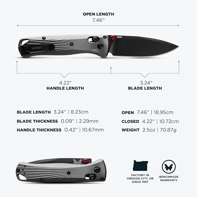Benchmade Bugout EDC Knife, M390 Steel Blade (535BK-4) | Gray Aluminum handle, Drop-Point blade