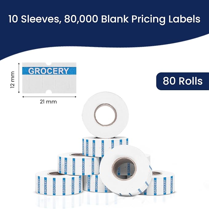 Perco 1 Line Blue Reverse Print on White Grocery Labels—80,000 Labels for Perco Lite, X, Plus & Pro Guns—with Tamper-Proof Design for Supermarkets, Corner Stores and More—80 Rolls, 10 Sleeves—USA Made