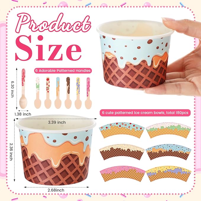 Nuogo 360 Pcs 180 Sets Ice Cream Cups with Spoons Bulk 9.5 oz Disposable Paper Ice Cream Bowls Colorful Dessert Cups Containers for Yogurt Sundae Bar Supplies Summer Gatherings Birthday Party