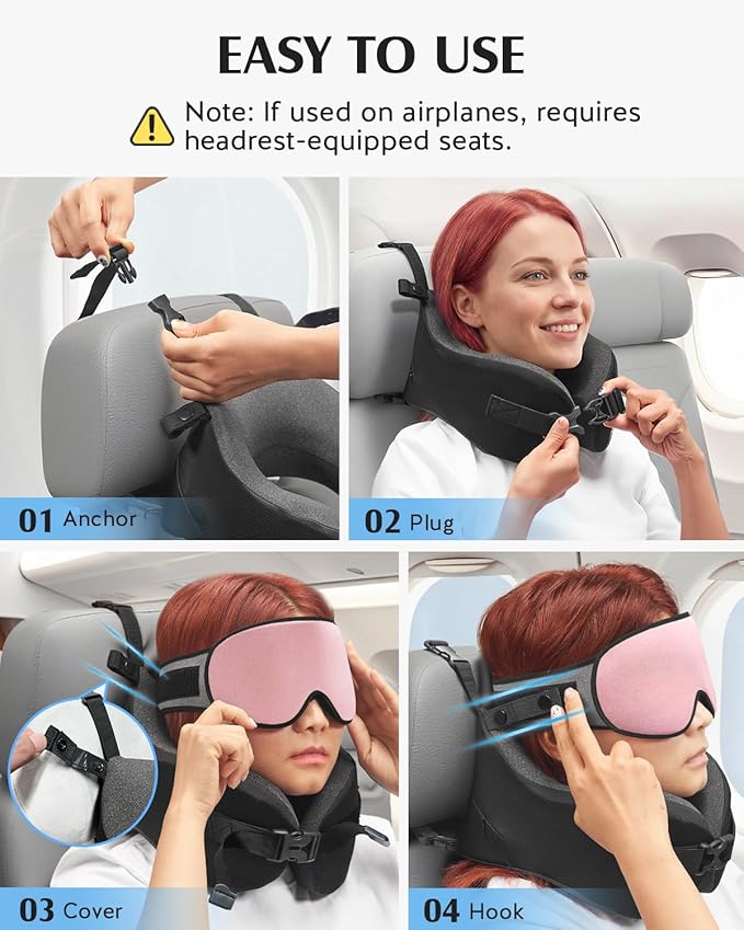 YFONG Travel Pillow for Long Flight Airplanes, Head Strap Combo with 3D Contoured Eye Mask for Sleep, Neck Pillow for Car Trip Essential, 360° Support Memory Foam Headrest, Prevent Head Bobbing, Pink