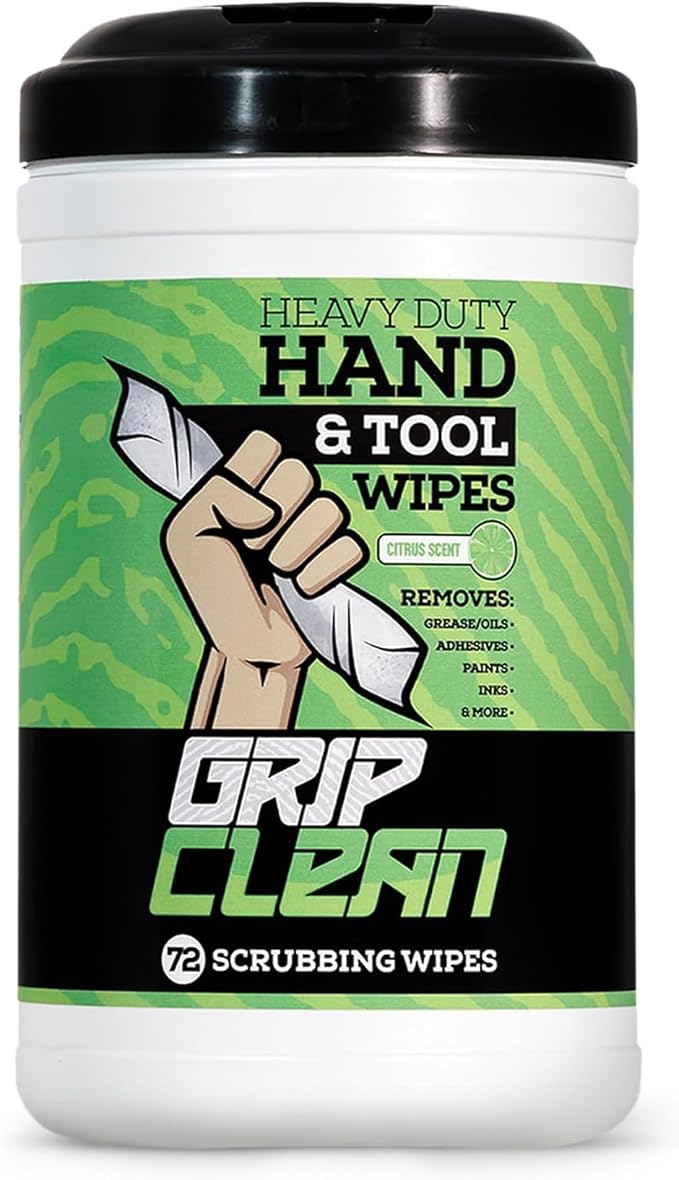 Grip Clean Heavy Duty Hand & Tool Cleaning Wipes – Waterless Hand Cleaner for Mechanics, Garage & Shop Use – Dual-Sided Grease, Oil & Paint Remover Wipes with Citrus Scent - 72ct