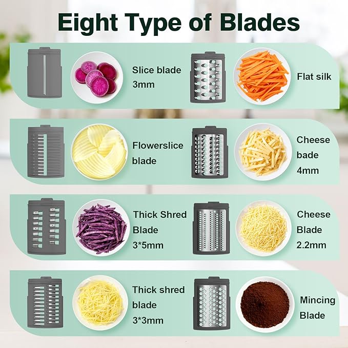 Upgraded 8-in-1 Electric Cheese Grater & Electric Cheese Shredder with 8 Interchangeable Blades for Cheese, Vegetables, Fruits and Nuts