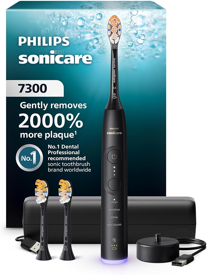 Philips Sonicare 7300 Series Electric Toothbrush - Next-Generation Sonicare Technology, Pressure Sensor, 12 Brushing Settings, SmarTimer, BrushPacer, 21-Day Runtime, Travel Case, Black, HX7421/07