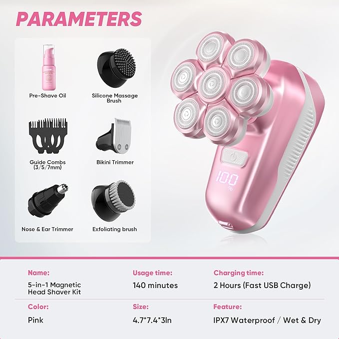 Electric Shaver for Women, Electric Razor with 7D Magnetic Shaver Heads, Wet Dry Bikini Trimmer Kit for Women & Men, Nose Ear Hair Trimmer, USB Rechargeable Clippers, Pink