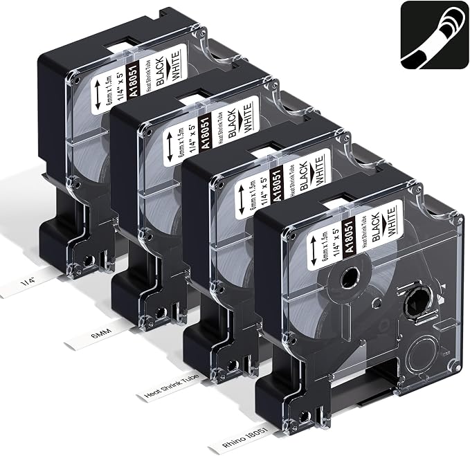 18051 Rhino 4200 Label Maker Heat Shrink Tube Tape 6mm | A18051 Compatible with Dymo 1/4" Rhino Heat Shrink Labels Replace for DYMO 4200, 5200, 5000, 6000, Black on White, 4-Pack