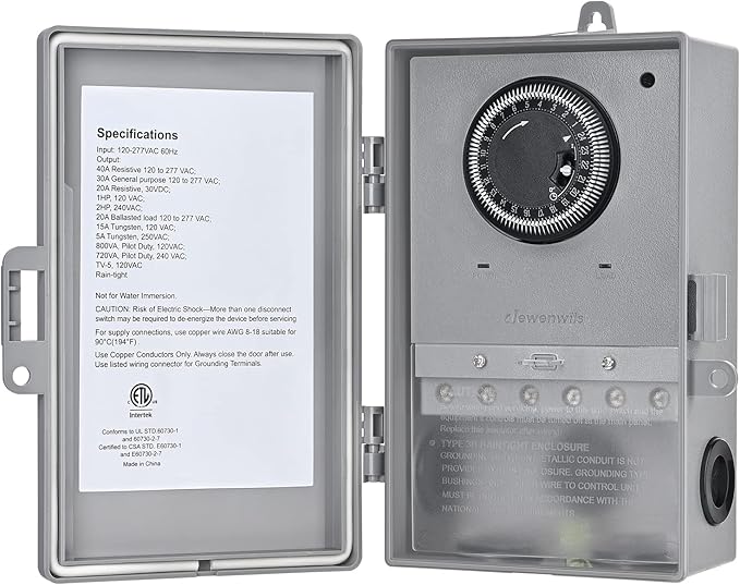 DEWENWILS Pool Pump Timer, Mechanical Timer Box Outdoor, Heavy Duty 2HP 40A 120-277 VAC, 24-Hour Programmable ON/Off Timeable Switch for Water Heater, Pool Pump, ETL Listed