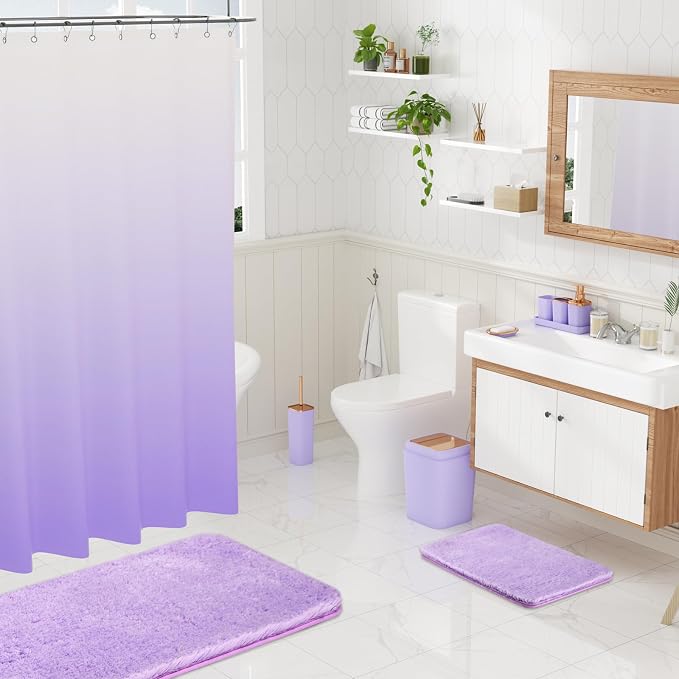 XLHOMO Bathroom Accessory Set–Bathroom Sets with Shower Curtain and Rugs, Non Slip Bathroom Rugs Super Absorbent, Light Purple Ombre Shower Curtain with Hooks, Lavender Bathroom Sets Complete for Home