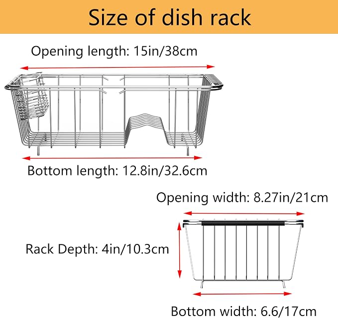 NiuYichee Stainless Steel Dish Drying Rack(14.2" L x 9.5" W x 4.1" H), Expandable Fruit & Vegetable Drain Rack Over Sink, Dish Drainer Rack in Sink, with Utensil Holder & 16" Silicone Mat