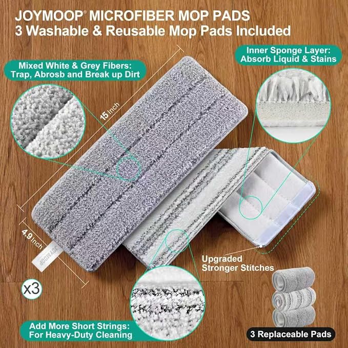 JOYMOOP 8L Large Capacity Flat Mop System, Light Green | Extension Handle, Floor, Window, and Wall Cleaning, 3 Washable Microfiber Pads, Wet and Dry Use