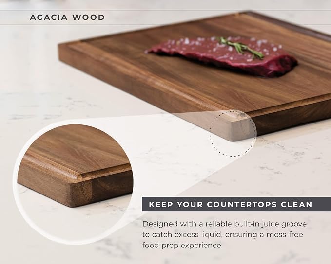 Acacia Wood Cutting Board – 15"x12" Butcher Block – Reversible Chopping Board with Juice Groove – For Pizza, Meat, Veggies, Charcuterie – Knife Friendly Kitchen Decor