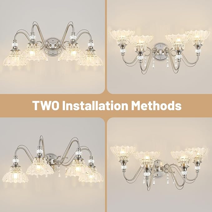 Brushed Nickel Bathroom Vanity Light, 4-Light Nickel Finish Wall Sconce with Hanging Crystal Accents and Flower-Shaped Clear Glass Shades, Modern Wall Mount Vanity Light Over Mirror for Bathroom