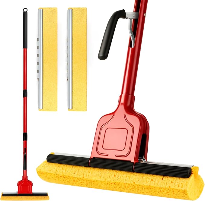 Commercial Sponge Mop for Floor Cleaning with 2 Compressed Cellulose Replacement Heads, Heavy Duty Industrial Mops for Hardwood Tile Laminate Marble, for Office Workshop Warehouse Garage Home Kitchen