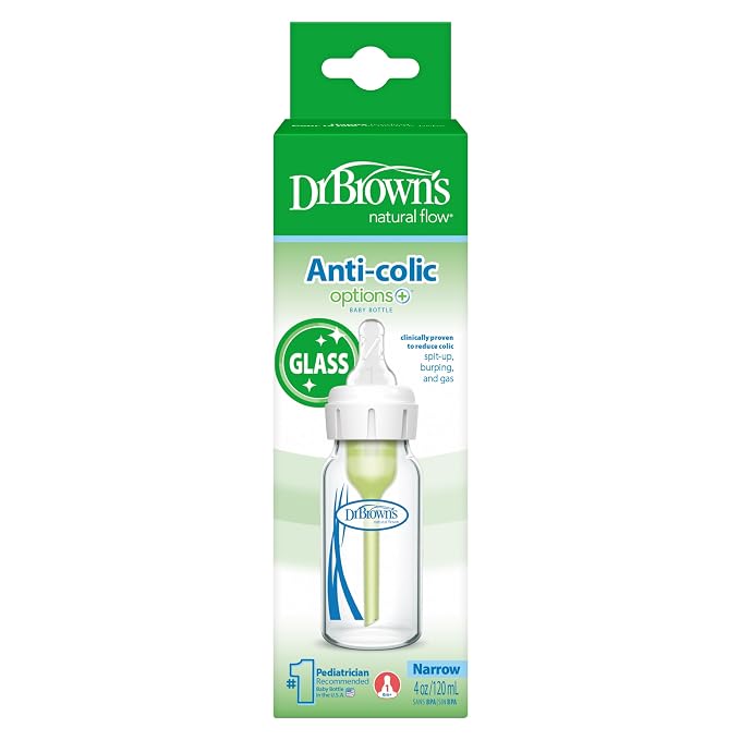 Dr. Brown's Anti-Colic Options+ Narrow Glass Baby Bottle with Level 1 Slow Flow Nipple, BPA-Free, 4 oz/120mL, 0m+, 1-Pack (Packaging May Vary)