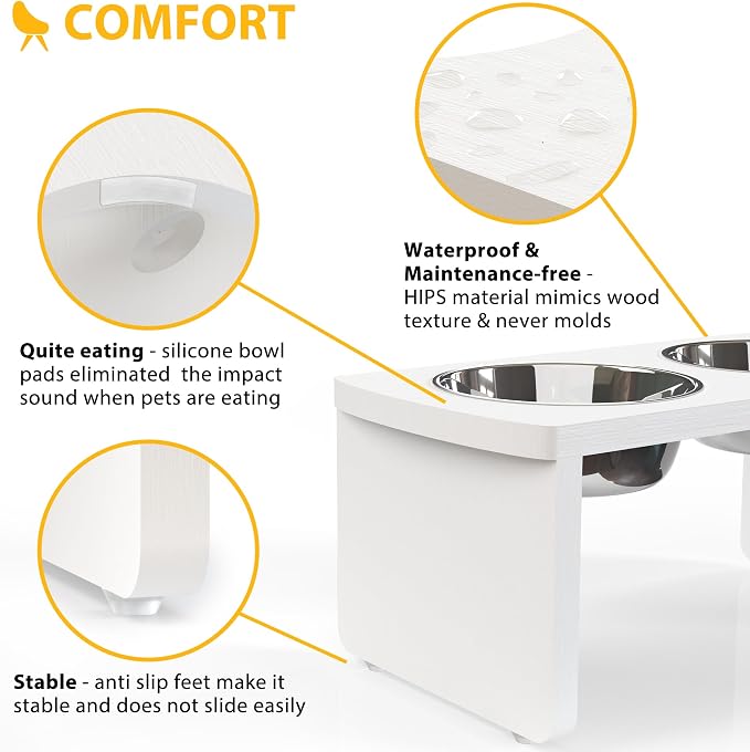 Elevated Dog Bowls, Waterproof Raised Dog Bowl for Medium Dogs, HIPS Poly Lumber Stand with 2 Stainless Steel Bowls, Indoor & Outdoor Use (7'' Tall-40 oz Bowl, White)