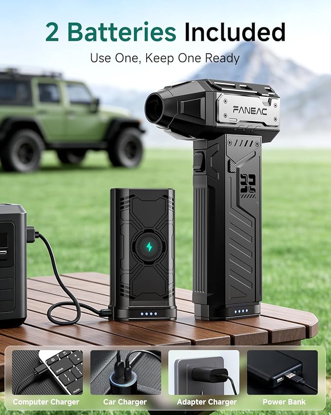 Compressed Air Duster - 2 Swappable Battey Packs and 4 Nozzles, Rechargeable Air Duster, 3-Speed Cordless Air Duster for Dust/Snow Cleaning (2-yr Warranty)