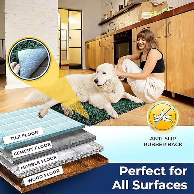 Muddy Mat® | Chenille Bathroom Rugs Quick Dry Microfiber Mats Non Slip Washable, Extra Thick, Soft and Highly Absorbent Bath Mats for Bathroom, Kitchen, and Shower Floor - Dark Green 24"x36"