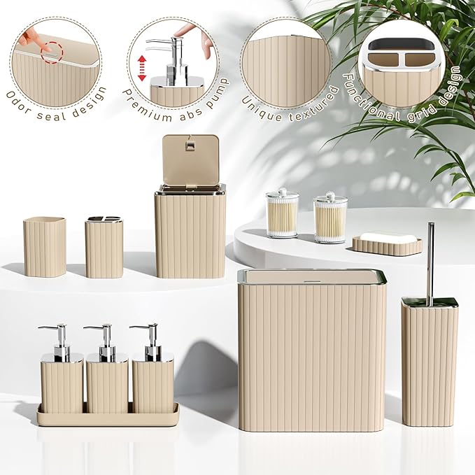 Bathroom Accessory Set - Bathroom Set, 12PC Bathroom Accessories Set, Beige Bathroom Accessories Set, Mini Trash Can, Toilet Brush, Trash Can & Soap Dispenser