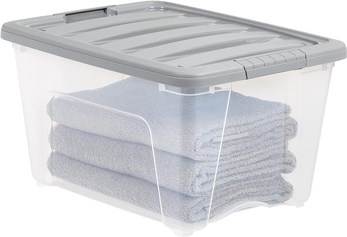 Amazon Basics Plastic Storage Containers with Secure Latching Lids, Stackable Organization Bins, Clear/Grey, 32 Quart, Set of 6