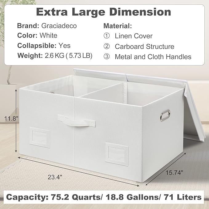 Graciadeco 75 Quarts Extra Large Decorative Storage Bins with Lids, 3 Packs White Collapsible Storage Bins with Lids, Stackable Storage Bins Decorative Box Storage With Lid Extra Large