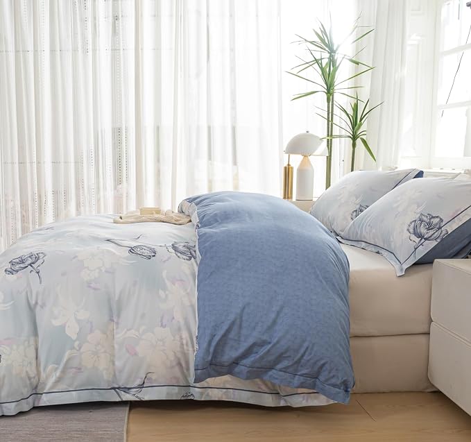 OAITE Duvet Cover Set Queen Size Floral Pattern 500 Thread Count Ultra Soft 100% Cotton Duvet Cover Sets 3-PC, Breathable Duvet Cover with Zipper Closure & Corner Ties