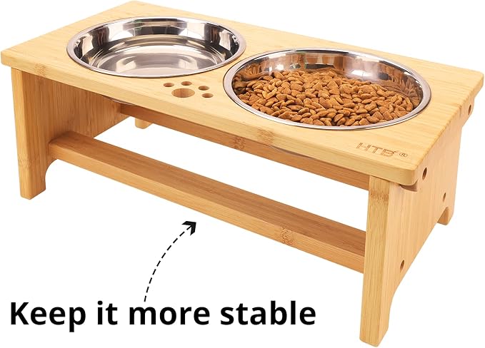 HTB Elevated Dog Bowl Stand with 2 Stainless Steel Bowls-7" H Medium Bamboo | Raised Dog Bowl Stand, 7"tall, 29 Oz Bowls, for Medium Sized Dogs, Pet-safe, Solid Bamboo
